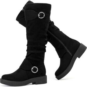 Women's Leather Black Knee High Flat Tall Round Toe Zipped Winter Casual Boot